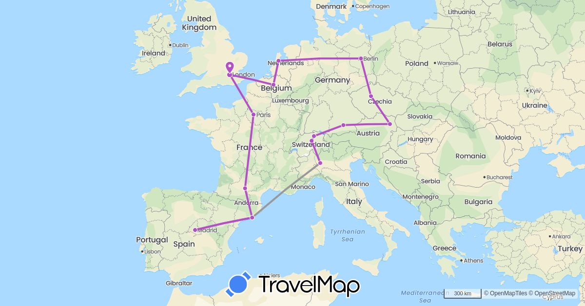 TravelMap itinerary: driving, plane, train in Austria, Belgium, Switzerland, Czech Republic, Germany, Spain, France, United Kingdom, Italy, Netherlands (Europe)
